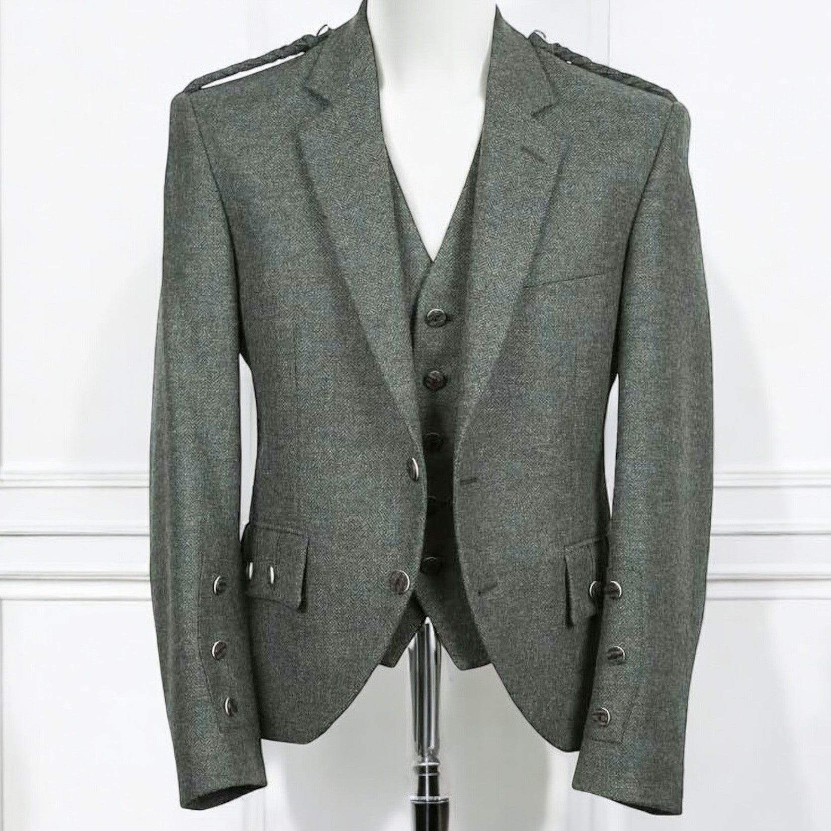 Dark Green Herringbone Tweed Braemar Jacket & Waistcoat